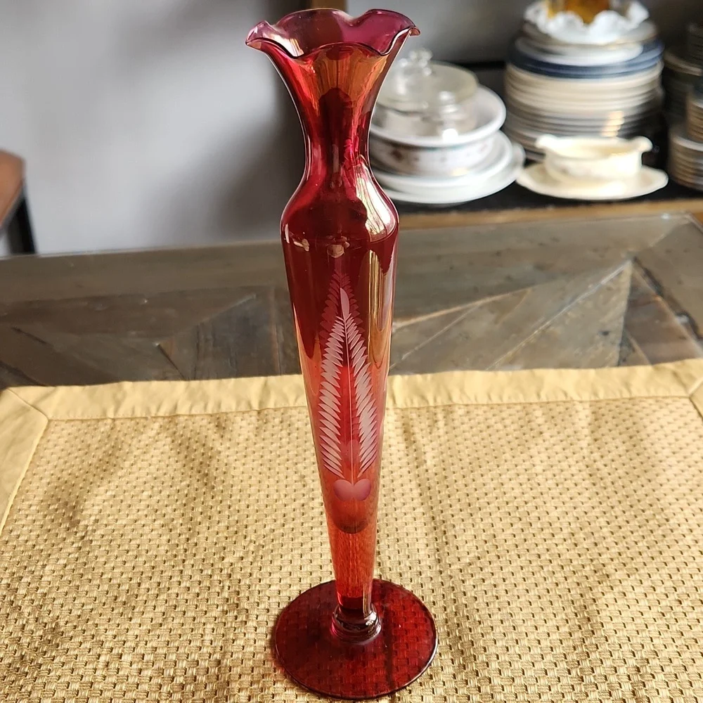 Cranberry Etched Glass Vase Mid Century Modern Fragile Collectible
